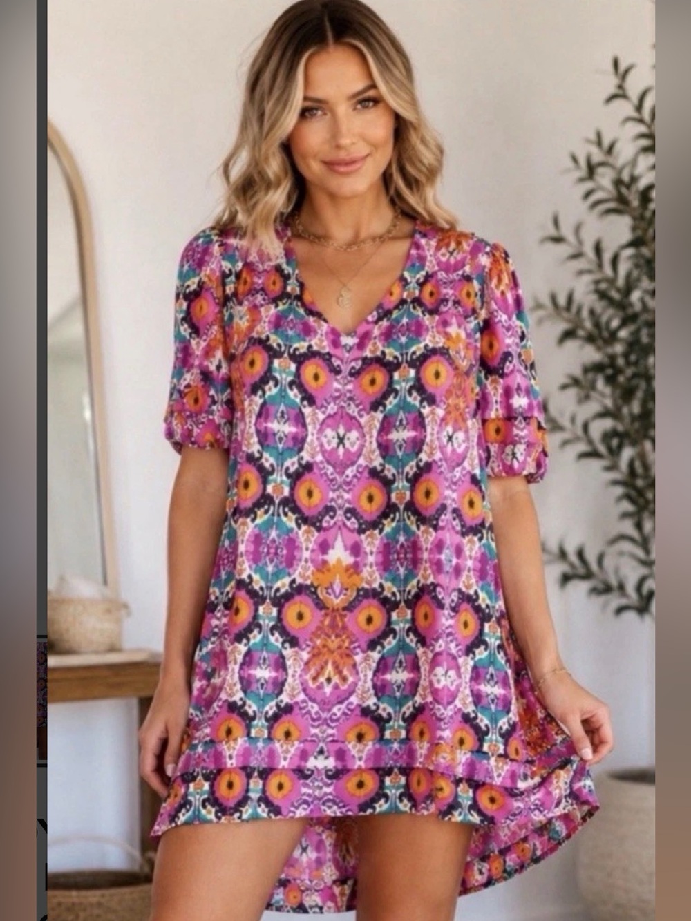 Joy Joy Pink & Orange Boho V-Neck Dress Tiered Sleeves and Hem FALL